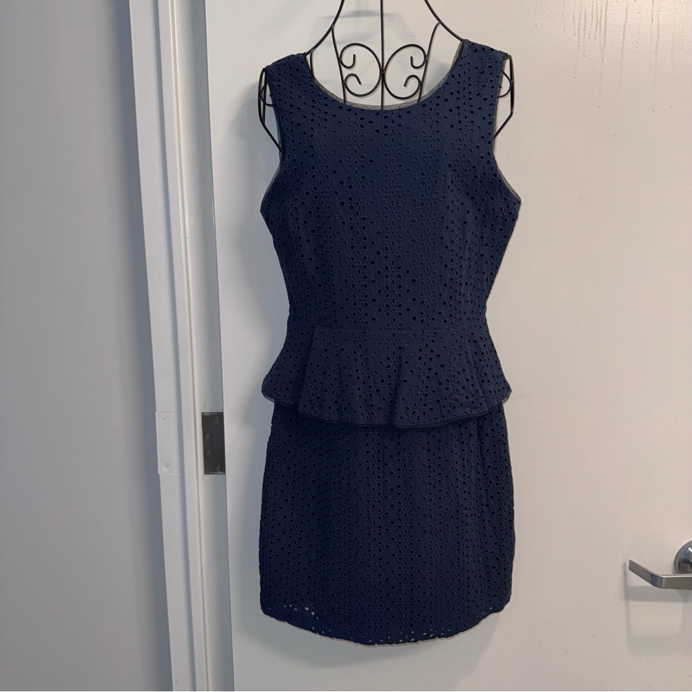BCBG Navy Eyelet Peplum Mini Dress